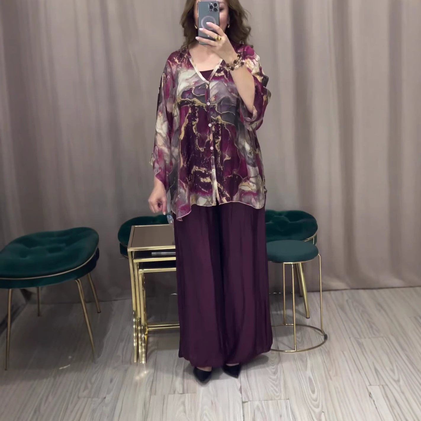 Women's Spring Fashion Printed Shirt Wide Leg Suits