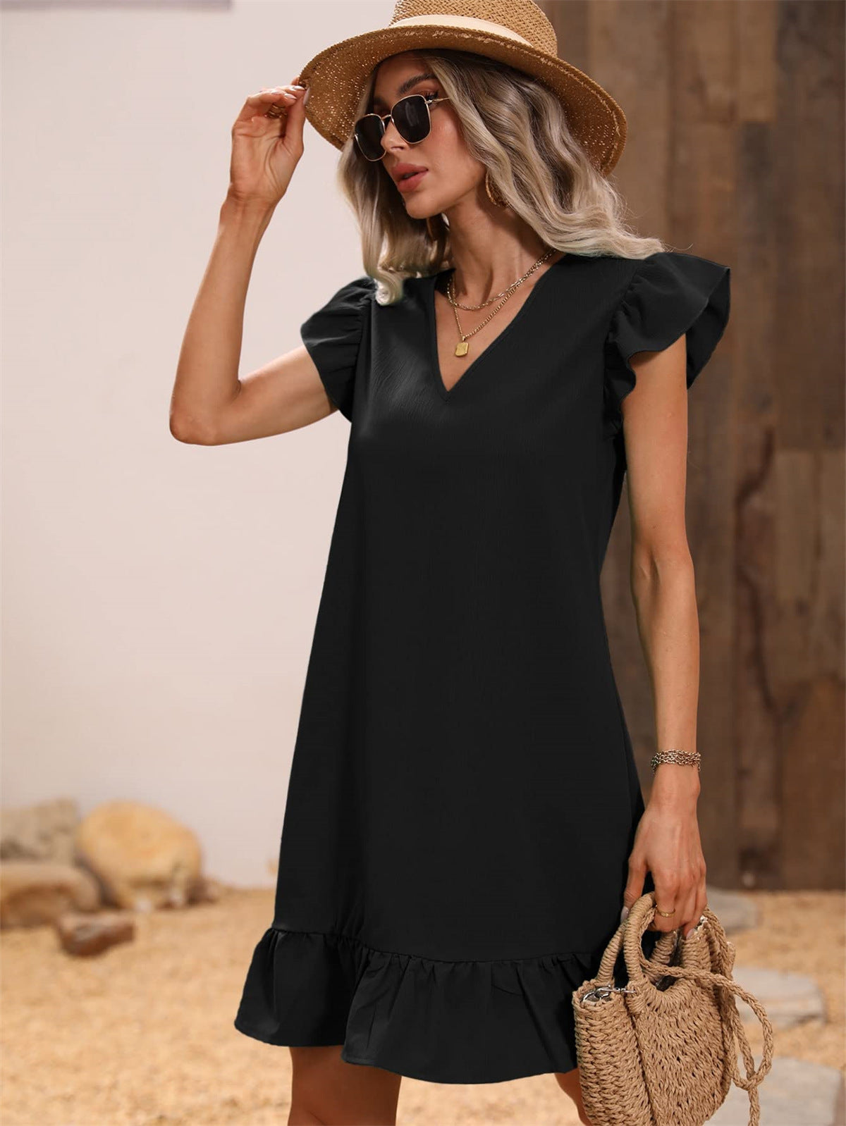 Women's Collar Ruffle Sleeve Loose Waist Dress