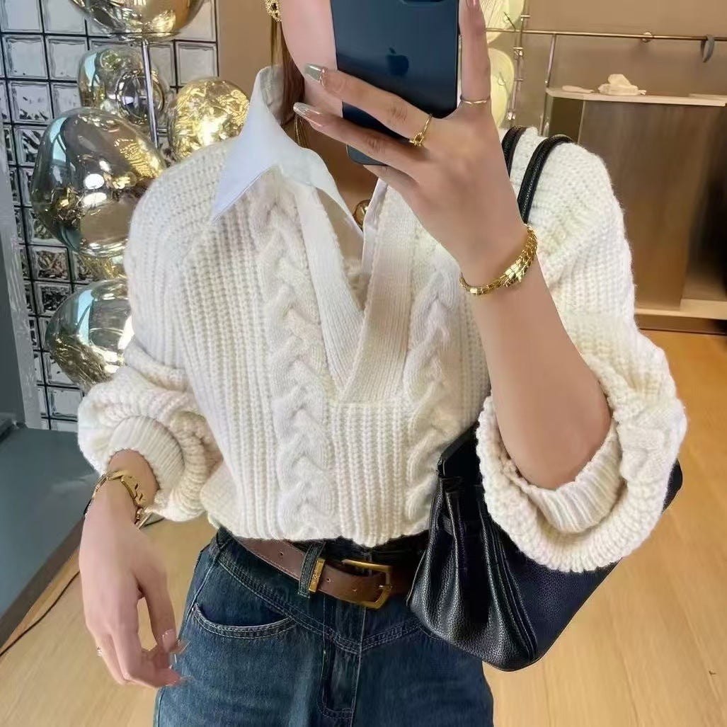 Women's Style Fake Two-piece Autumn Design Pullover Loose Slimming Sweater