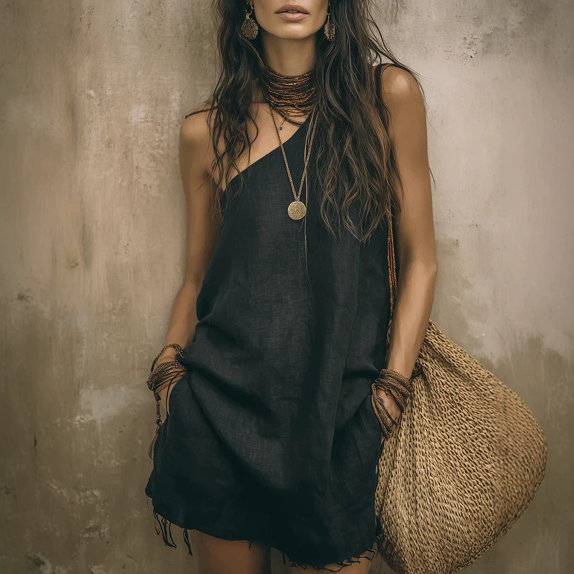 Oblique Shoulder Solid Color Bohemian Style Characteristic Dress