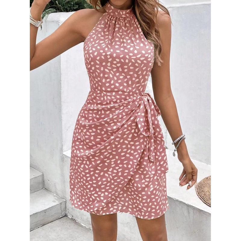 Women's Summer Fashion Halter Zipper Sleeveless Floral Dress
