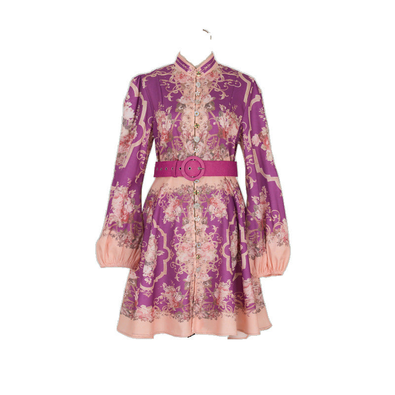 Design High Version Single-breasted Stand-up Collar Puff Sleeve Dresses