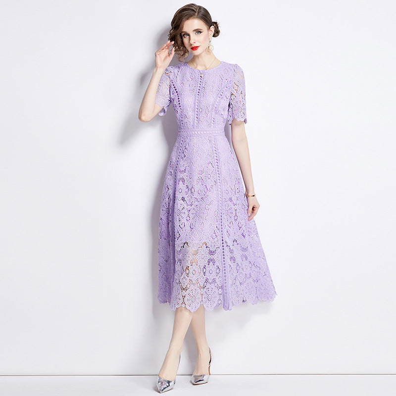 Women's Short-sleeved Lace Dress Mid-length Crocheted Hollowed Purple High Dresses