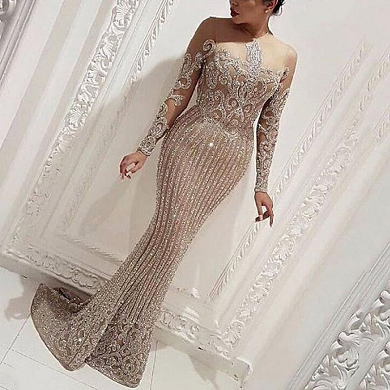 Long Dress Temperament Commute Gold Sequined Solid Color Dresses