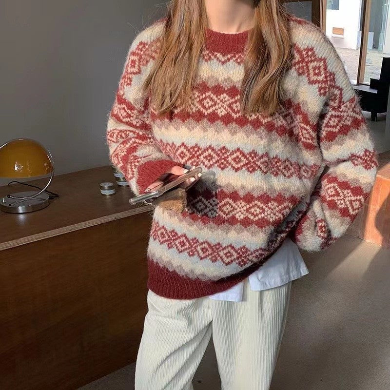 Women's Loose Casual Rhombus Plaid Brocade Outer Wear Idle Style Sweaters