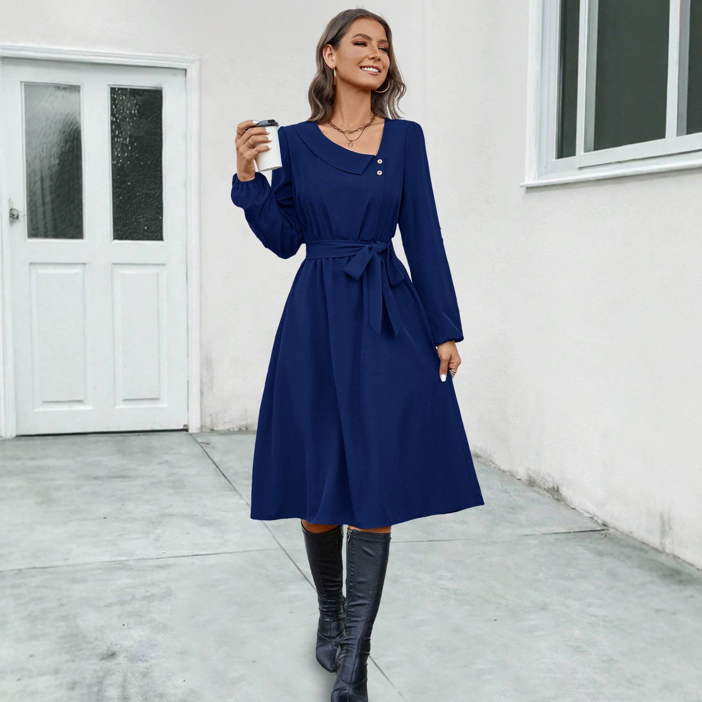 Women's Irregular Collar Button Long Sleeve Dress
