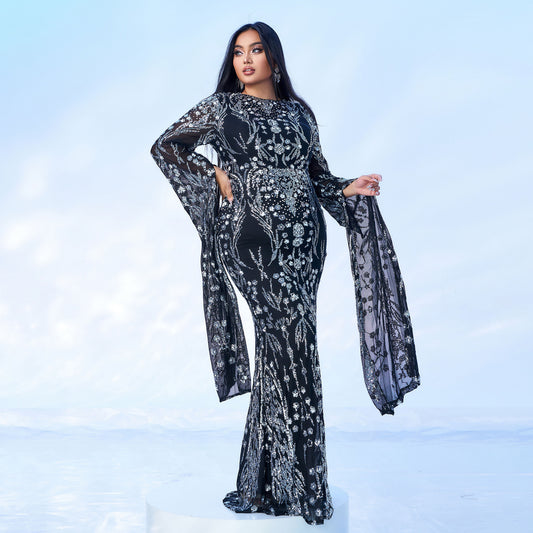 Women's Sleeve Round Neck Sequined Fishtail Dress Dresses