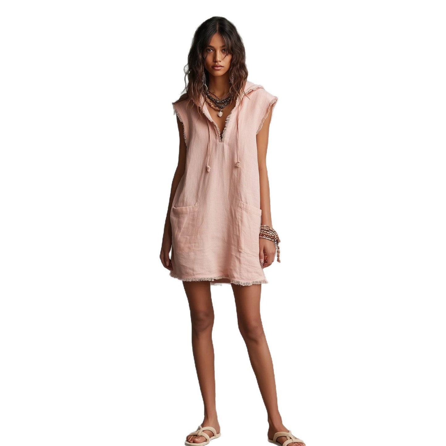 Women's Minimalist Linen Blended Mini Hooded Sleeveless Frayed Dress