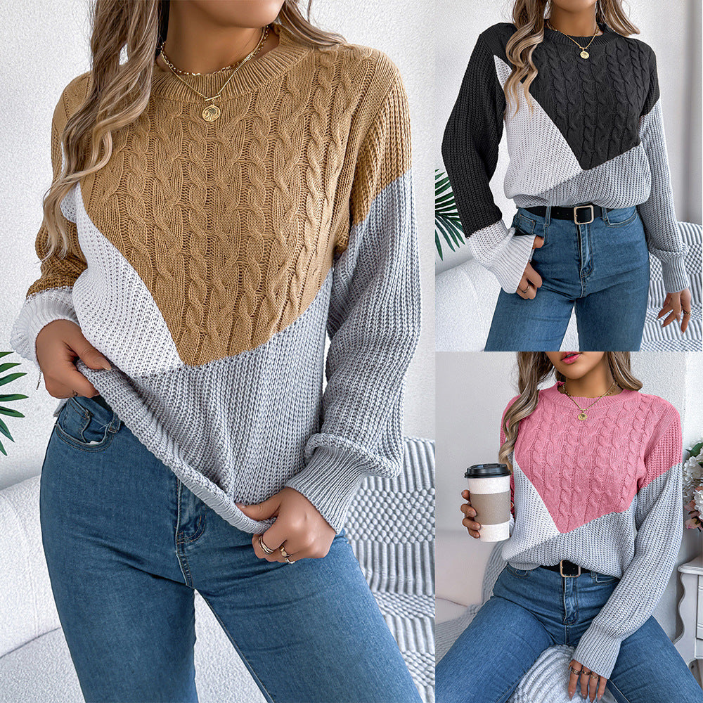 Women's Clearance Casual Contrast Color Twist Long Sleeve Sweaters