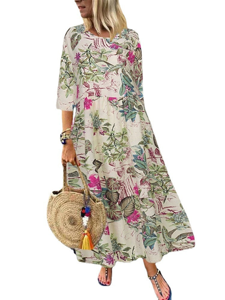 Women's Long Retro Bohemian Pleated Sleeve Waist Dresses