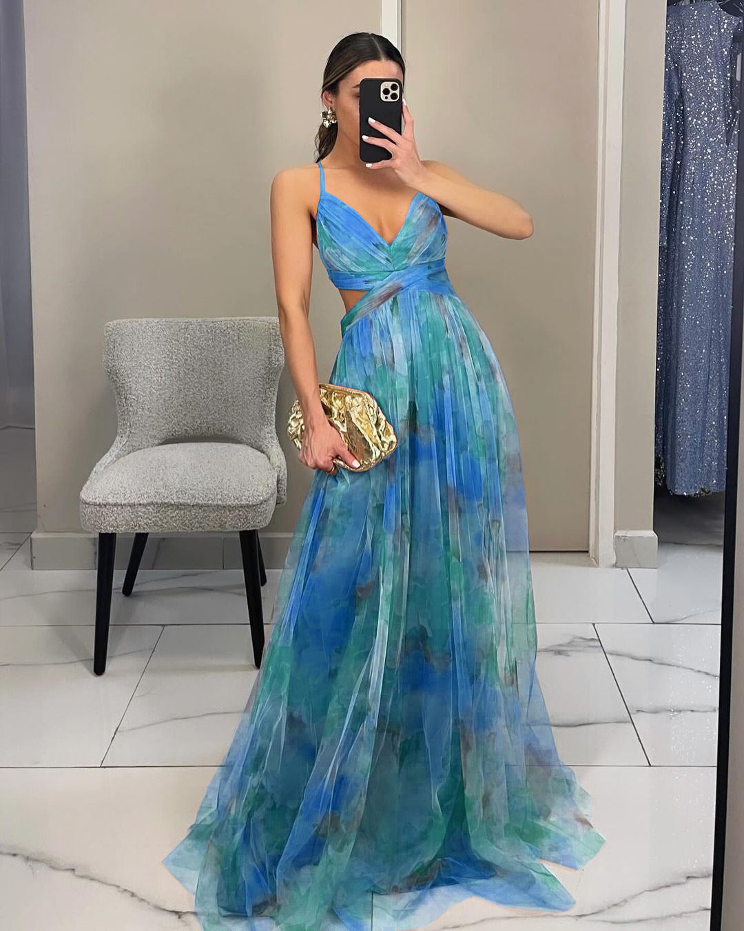 Mesh Printing Slip Holiday Leisure Party Dress