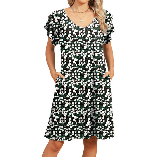 Women's Pocket Printed Ruffle Sleeve Dress Dresses