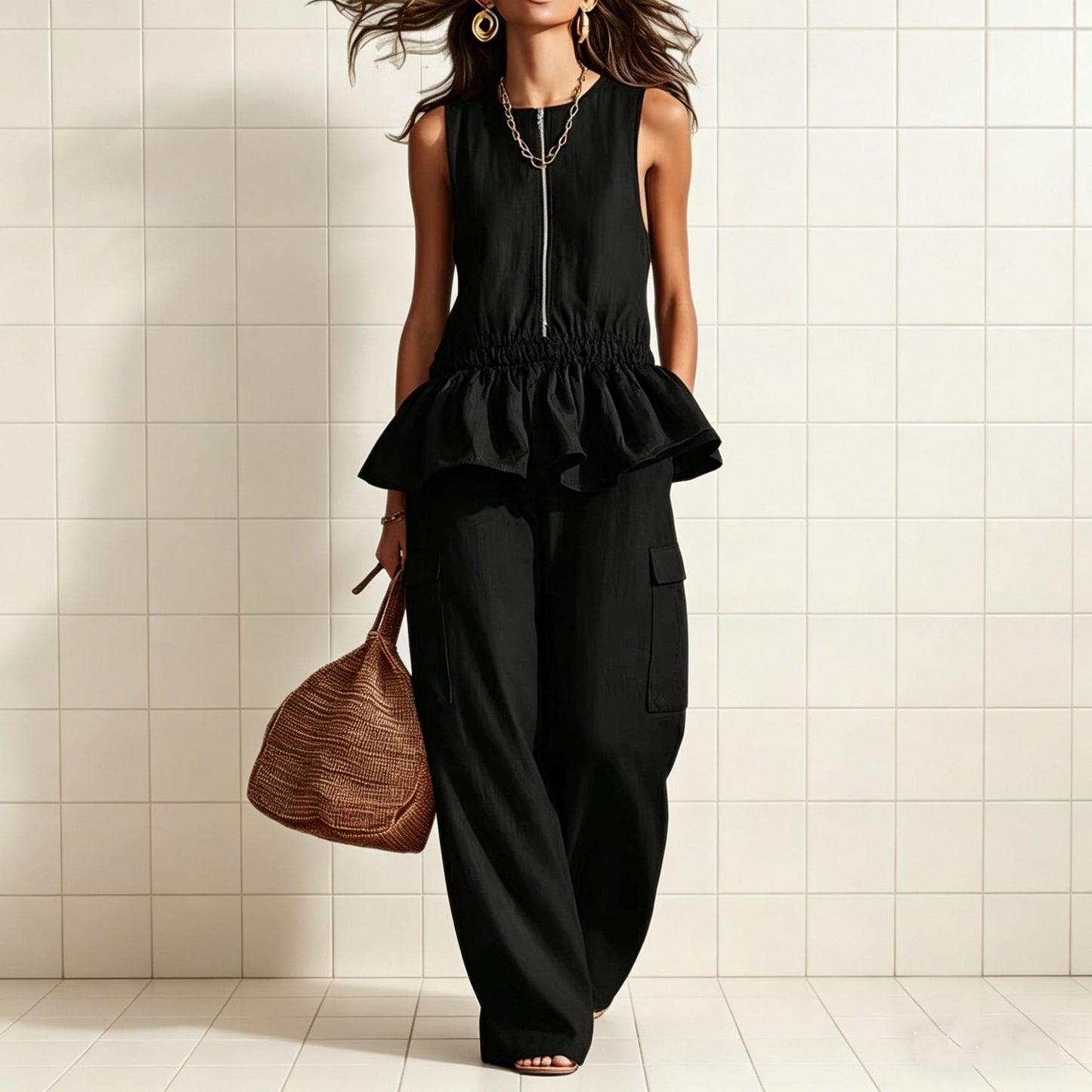 Women's Summer Sleeveless Pleated Wide Leg For Fashion Casual Suit