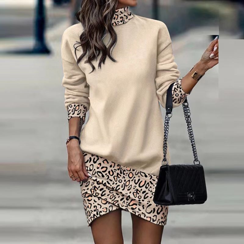 Women's Autumn Turtleneck Long Sleeve Printed Irregular Dress