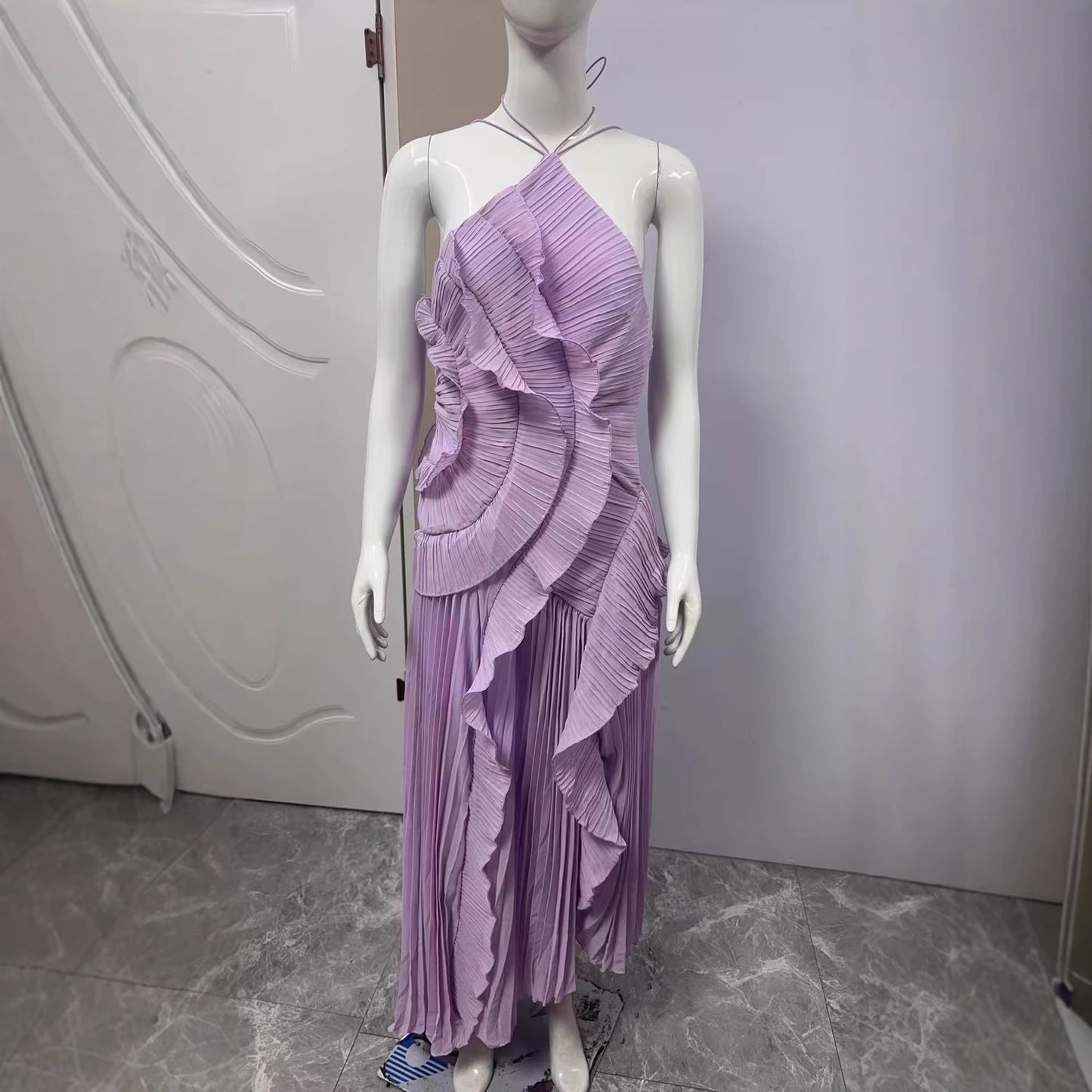 Women's Chiffon Ruffled Pleated Design Slimming Midi Fast Dress