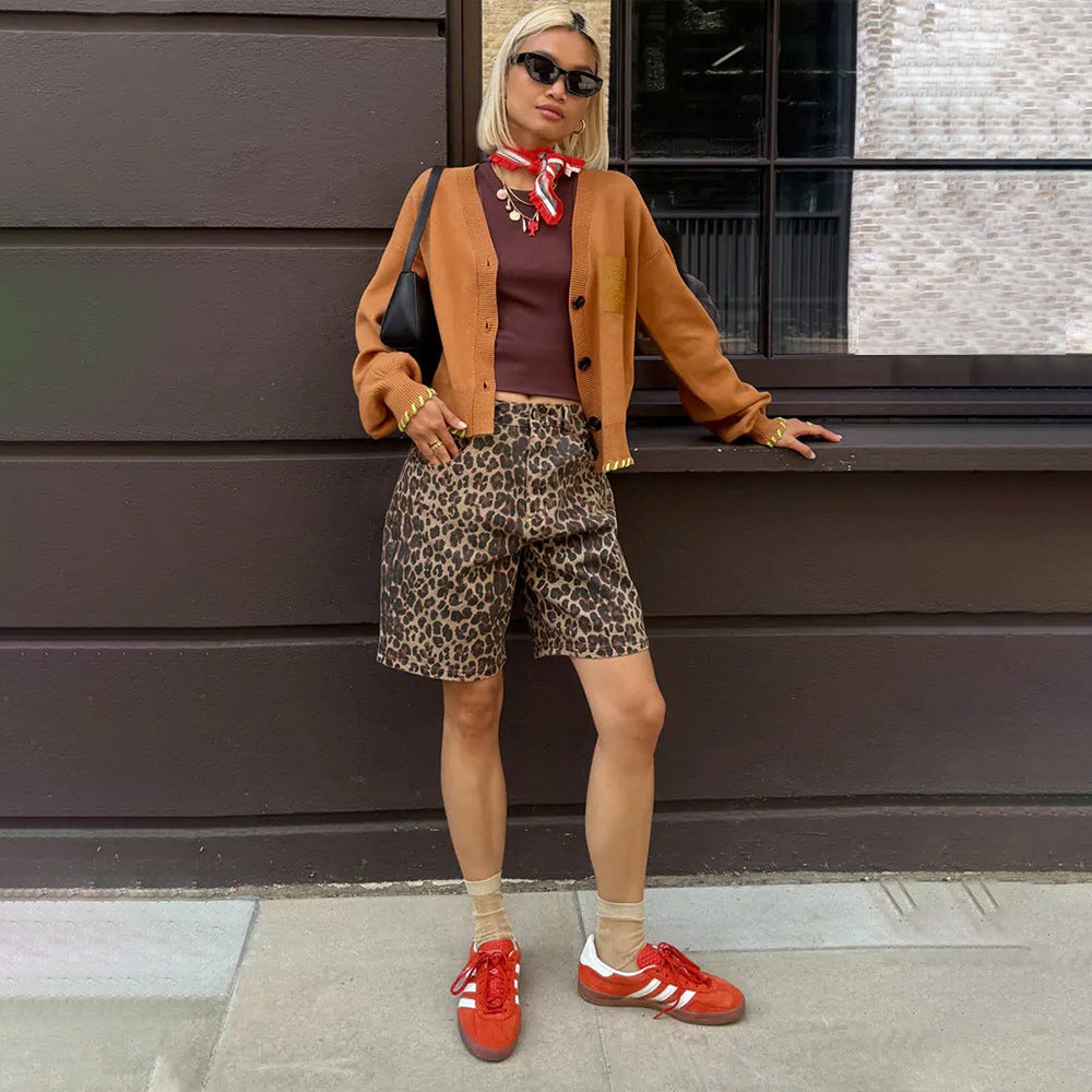 Women's Cotton Leopard Print Fashionable Fifth Style Pants