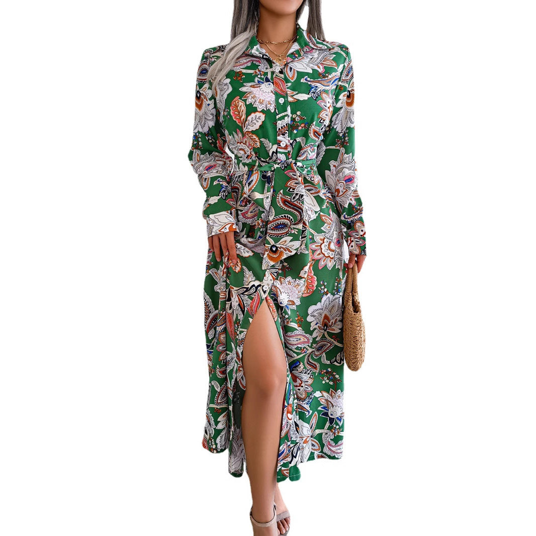 Women's Vintage Flower Lapel Tied Shirt Long Dress