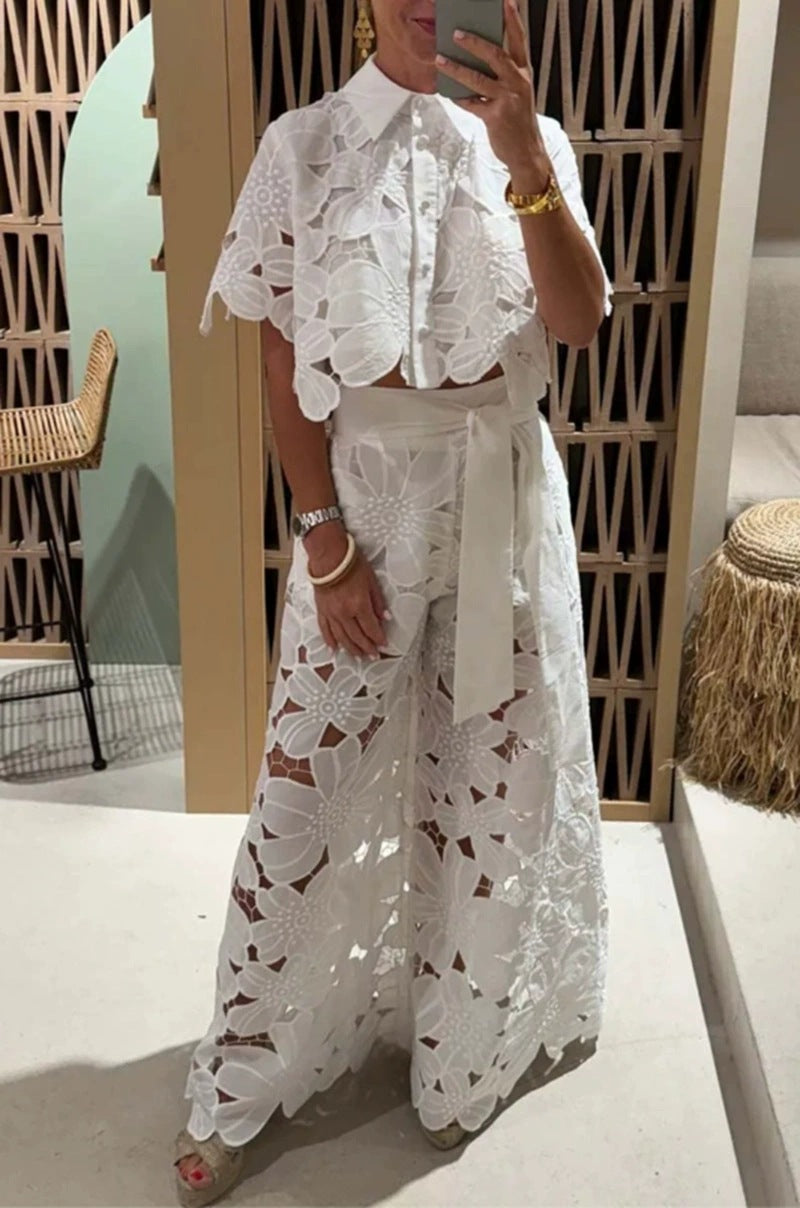 Summer Hollowed Leisure Lace Shirt Trousers Suits