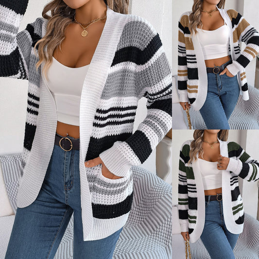 Women's Casual Contrast Color Striped Pocket Long Clothing