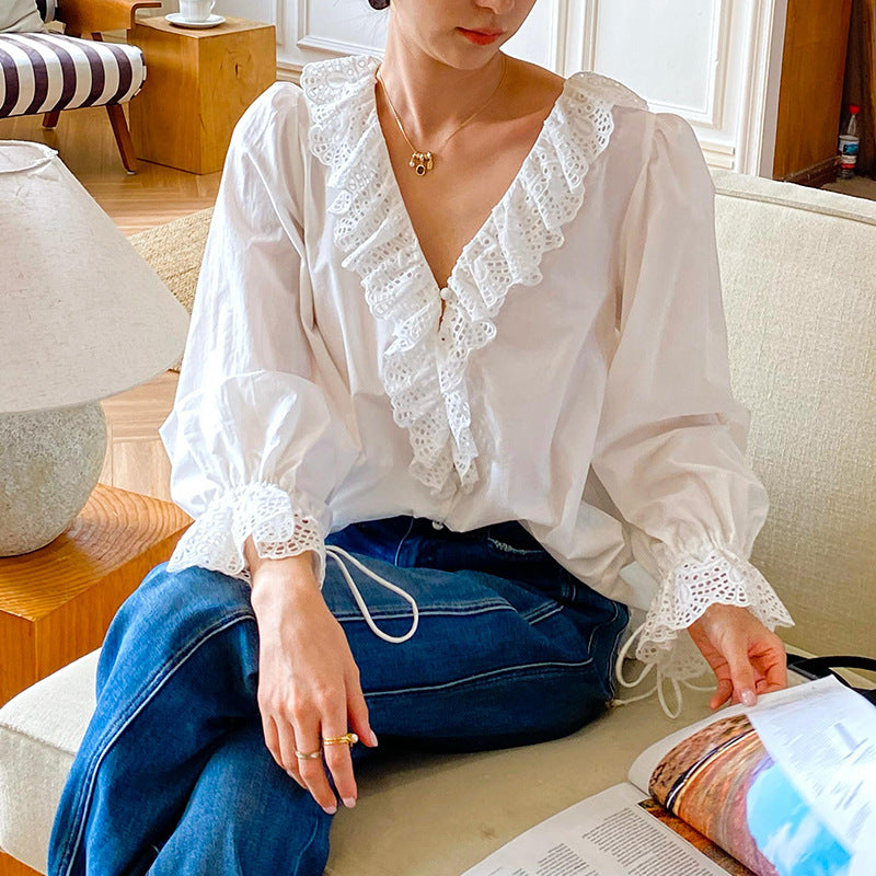Women's Autumn White Shirt Long Sleeve High Blouses