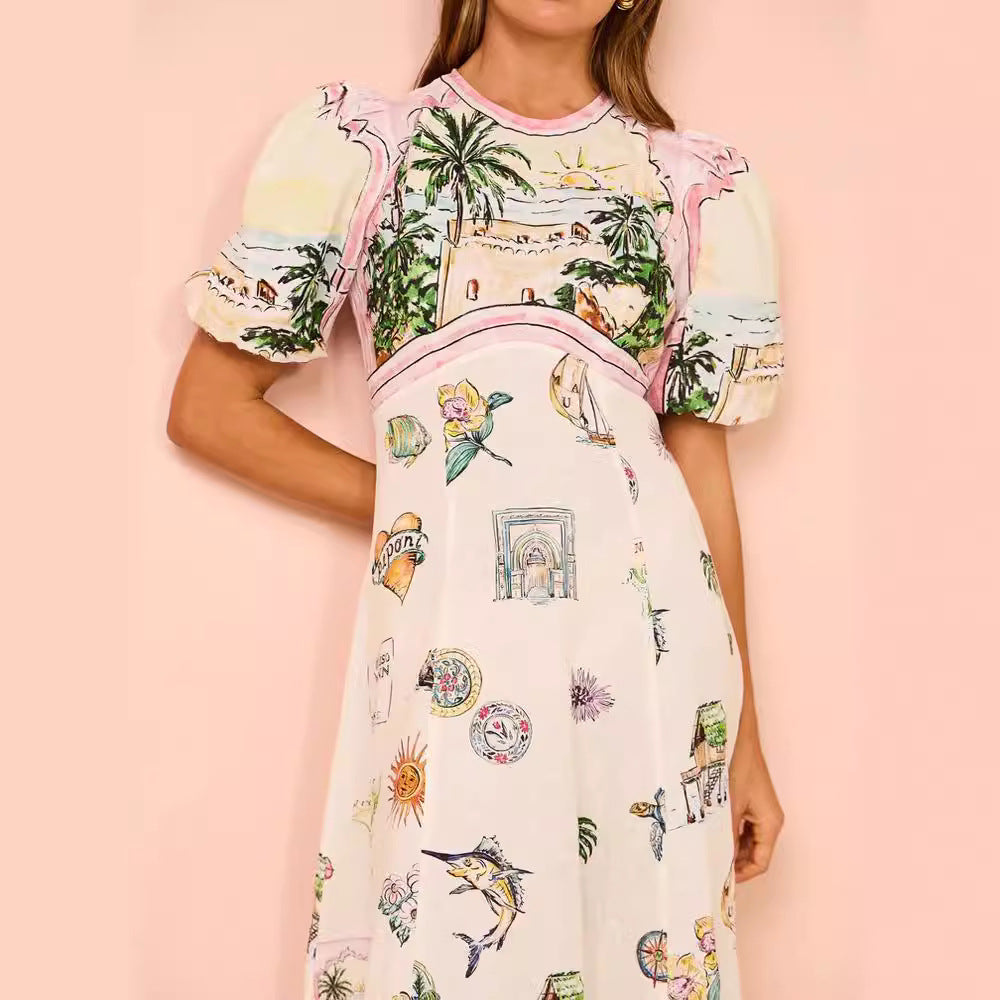 Printing Fashion Puff Sleeve Slim Fit Dresses