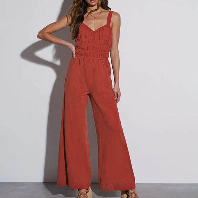 Summer Casual Spaghetti Strap Solid Color Jumpsuits