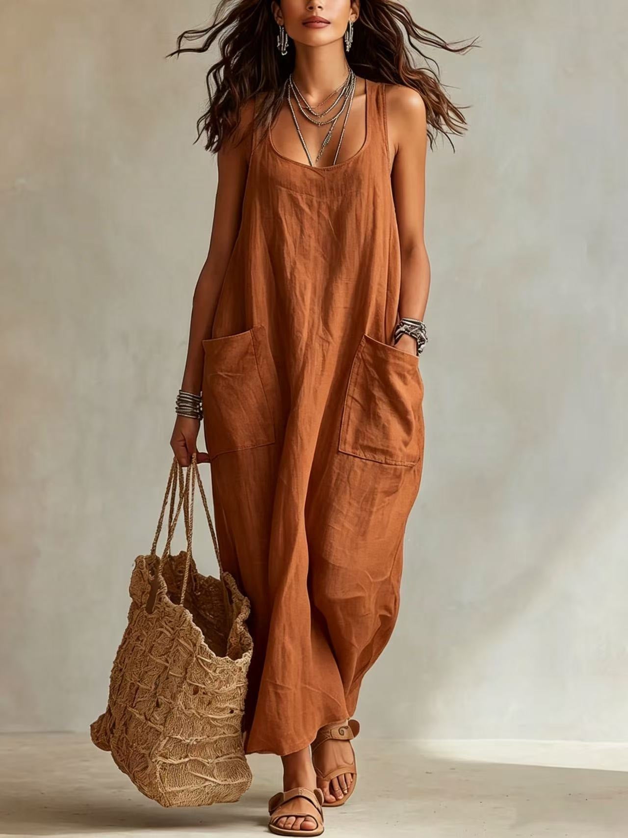 Women's Summer Elegant Casual With Big Pockets Strap Dress