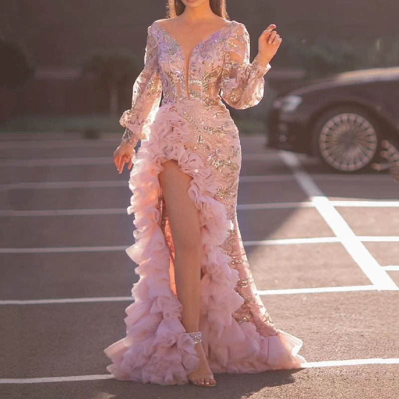 Women's Autumn Sexy Mesh Trailing Sequined Slit Wedding Dresses