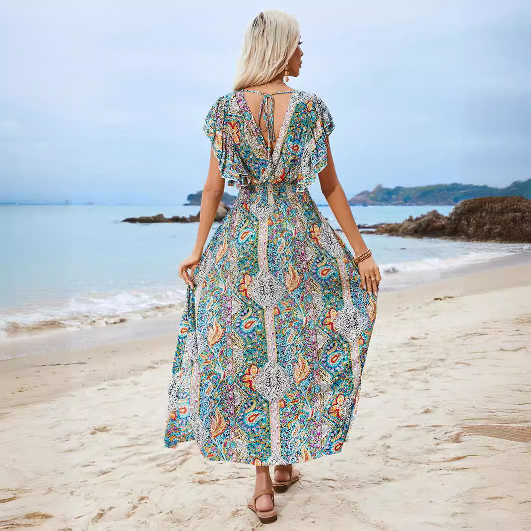 Women's Backless Rayon Printed Ruffled Sleeves Split Dresses