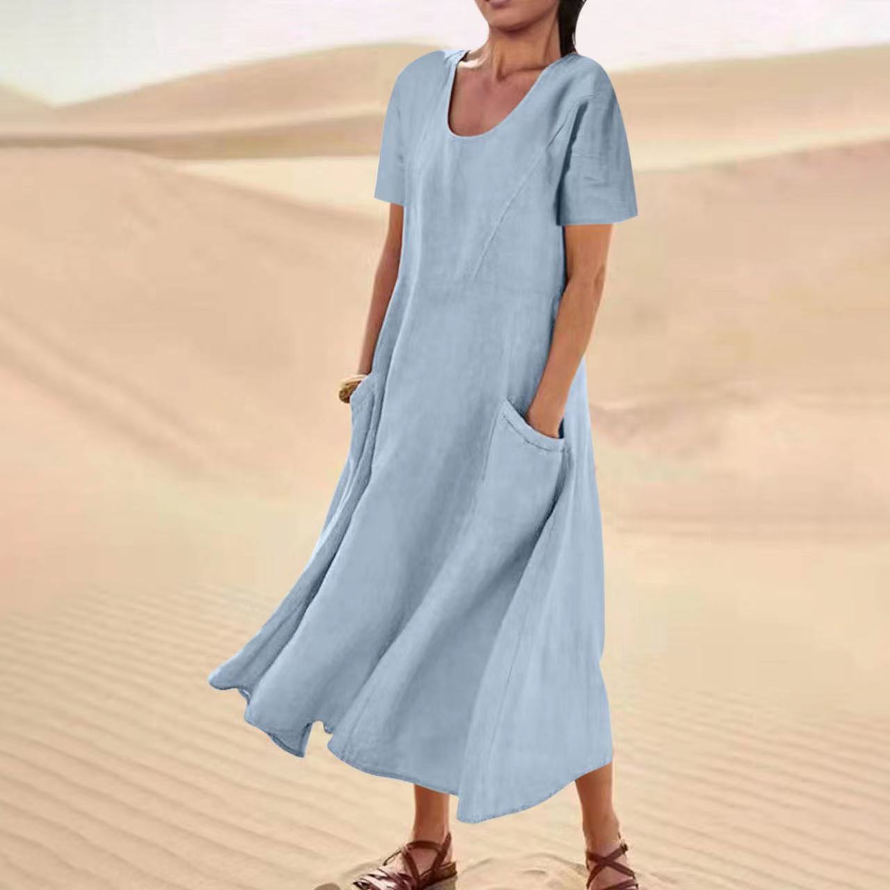 Women's Summer Solid Color Cotton Linen Pocket Dresses