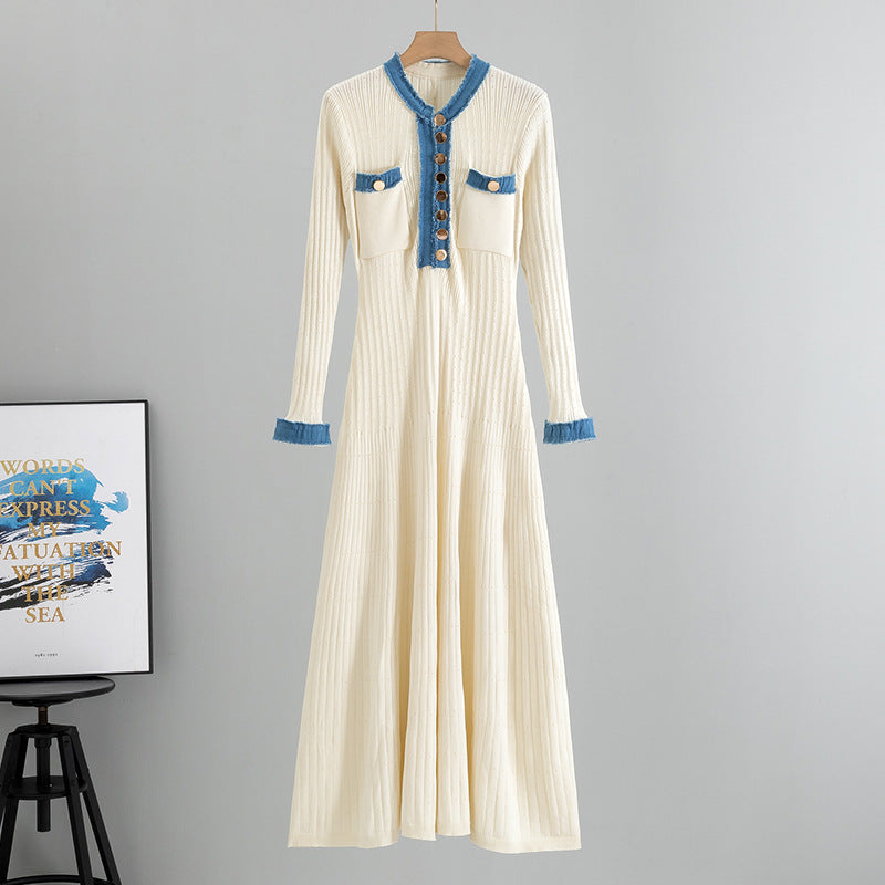 Women's Elegant Slim Denim Stitching Contrast Color Dress