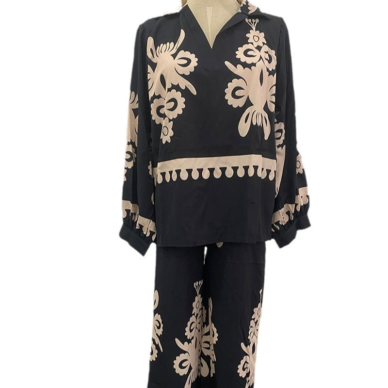 Women's Irregular Pattern Print Long Sleeve Trousers Suits