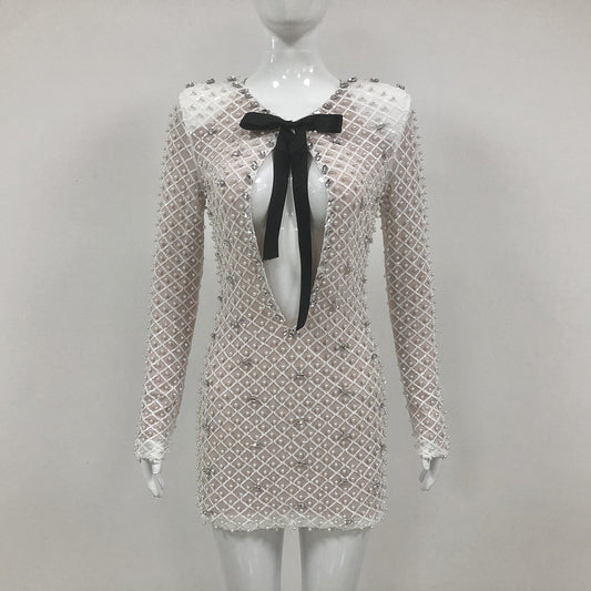 Fashion Sexy Tube Pearl Decorative Mesh Dresses