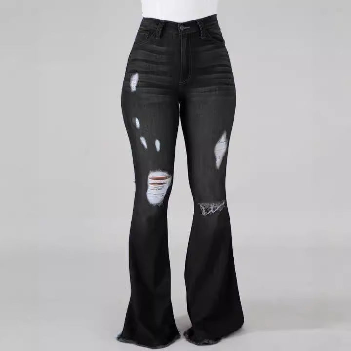 Beautiful High Elastic Ripped Waist Flared Jeans