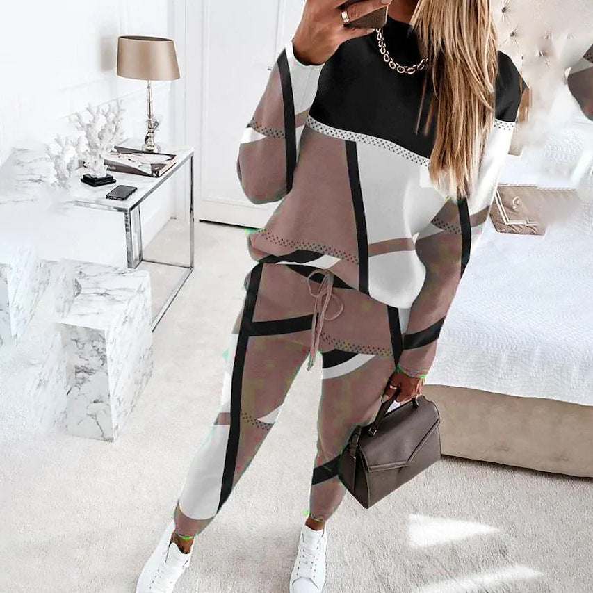 Women's Printing Color Contrast Long Sleeve Crew Suits