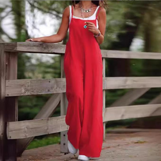 Women's Fashion Casual Pocket Cotton Linen Sling Jumpsuits