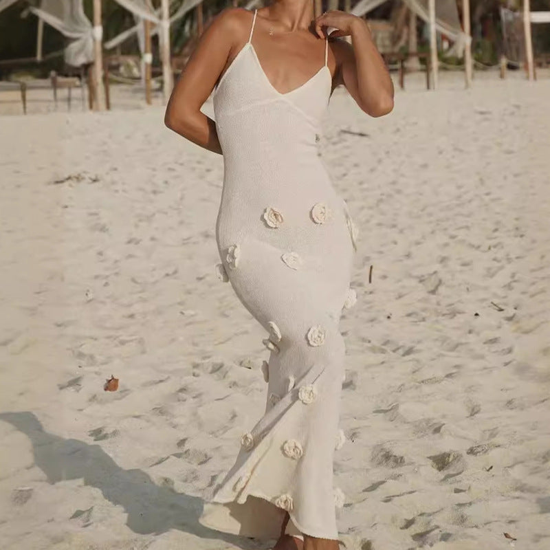 Women's Long Knitted Sling Dress Hand Crocheting Dresses
