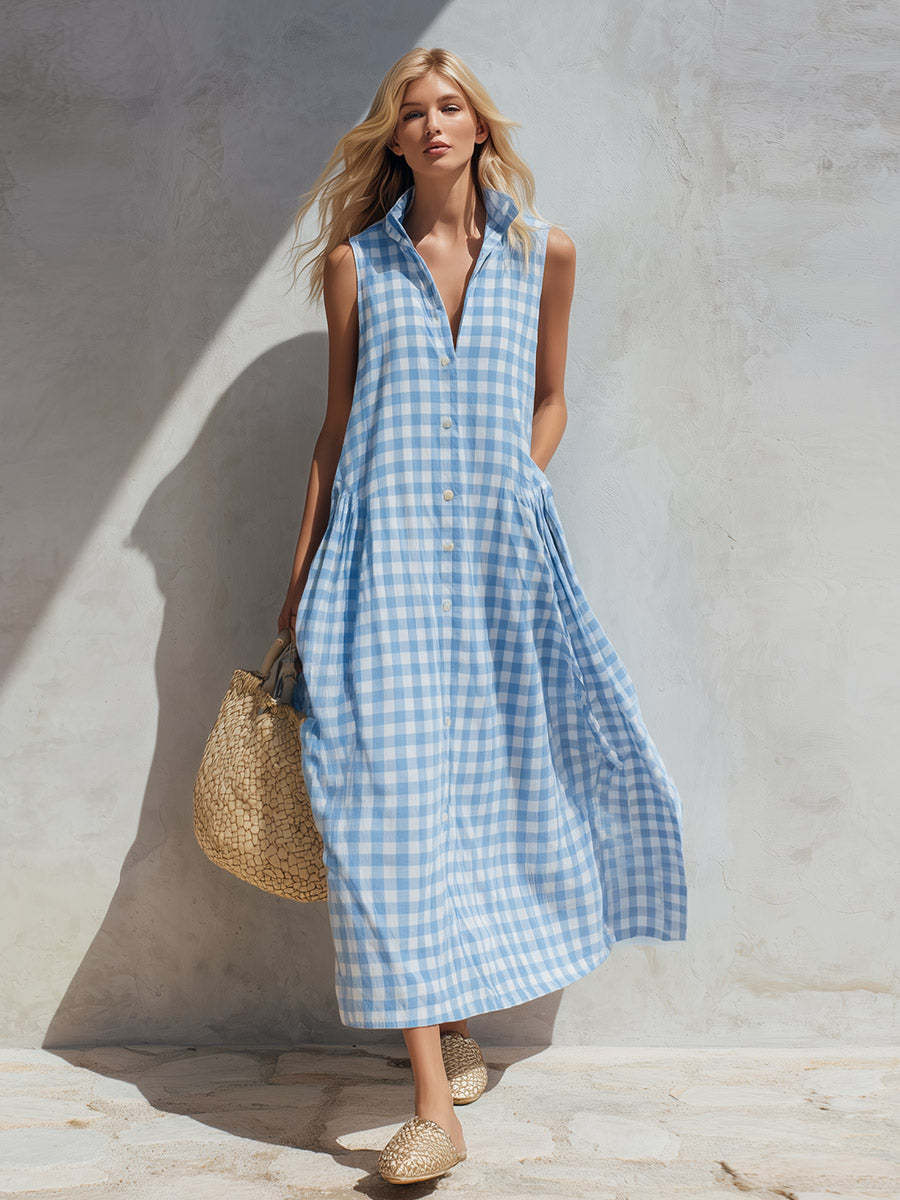 Sleeveless Summer Vacation Style Seaside Plaid Loose Dress
