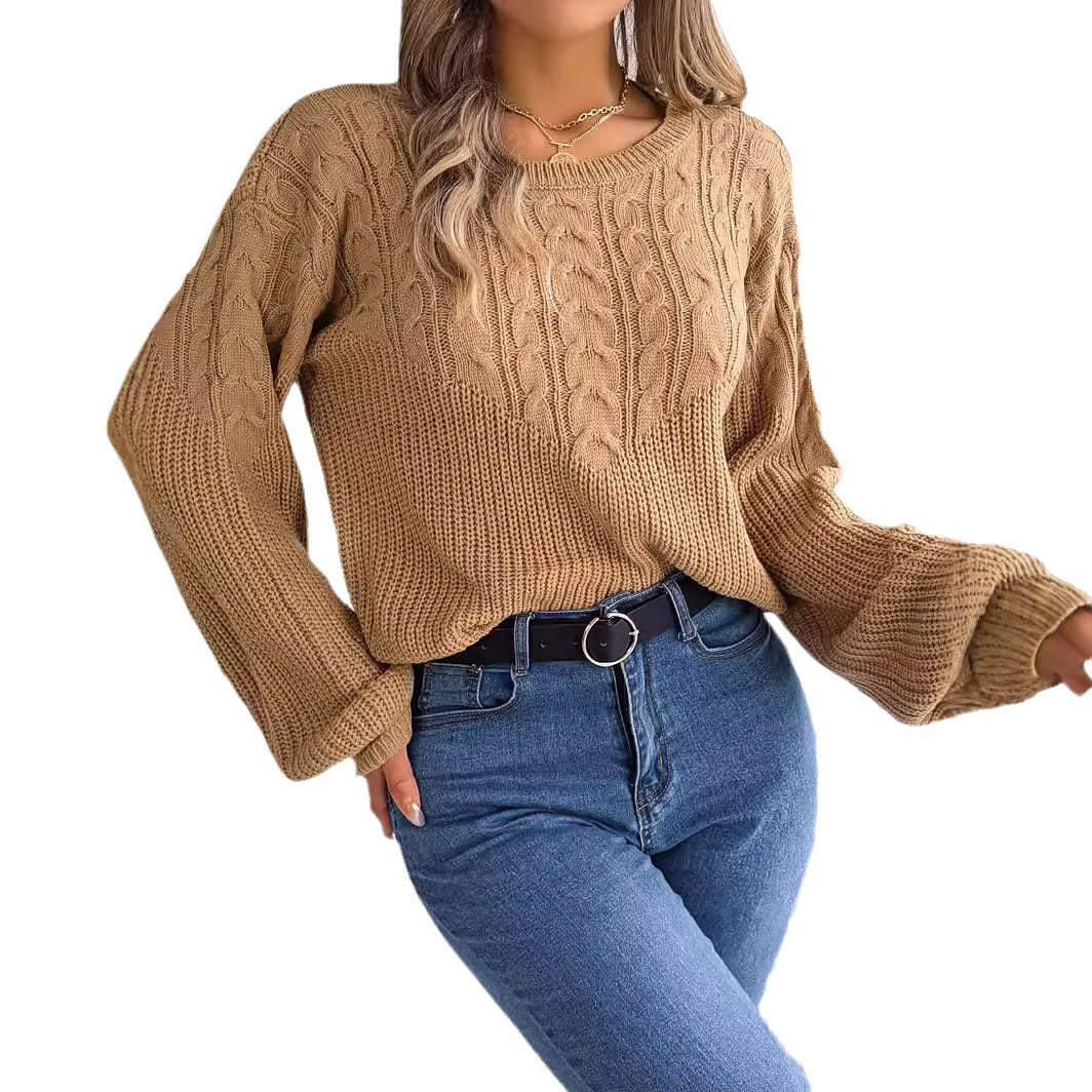 Women's Casual Twist Lantern Sleeve Crew Neck Sweaters
