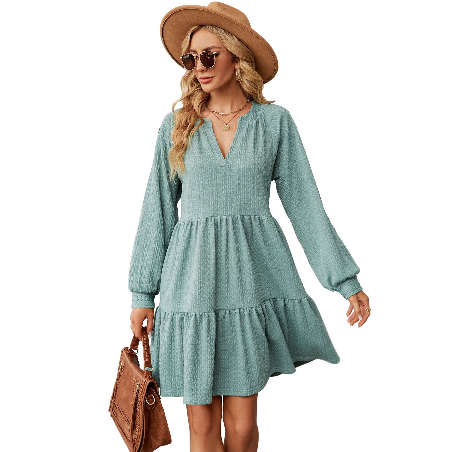 Solid Color Loose Pleated Stitching Long Dress