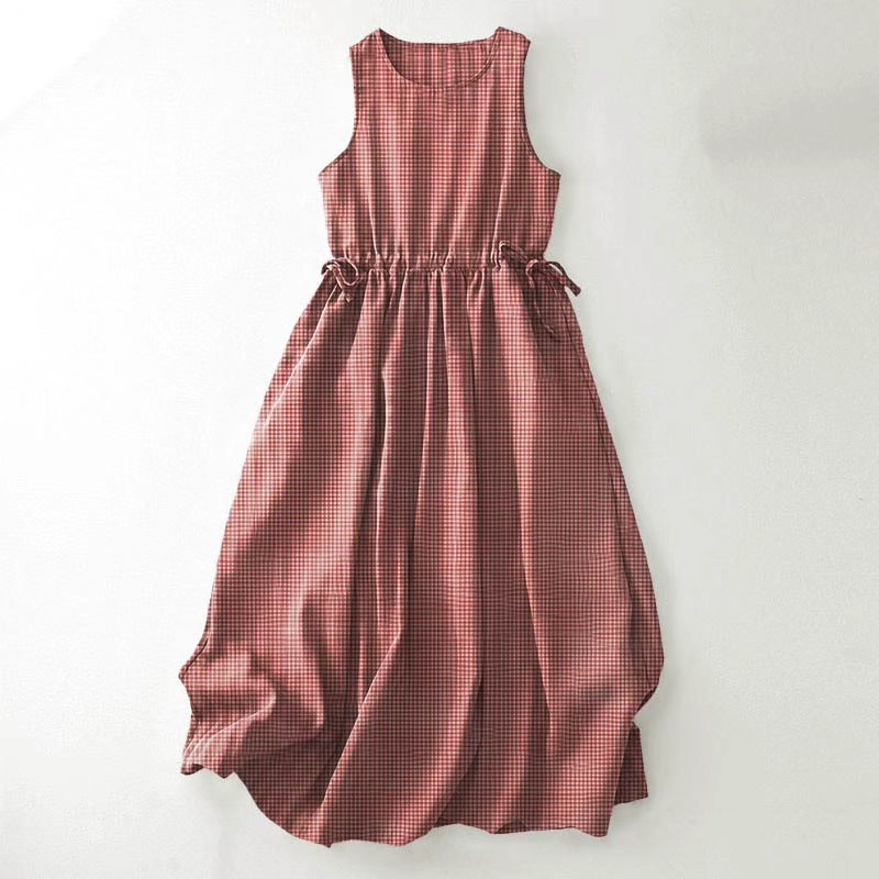 Cotton Linen Oversized Swing Loose Comfortable Breathable Plaid Dress