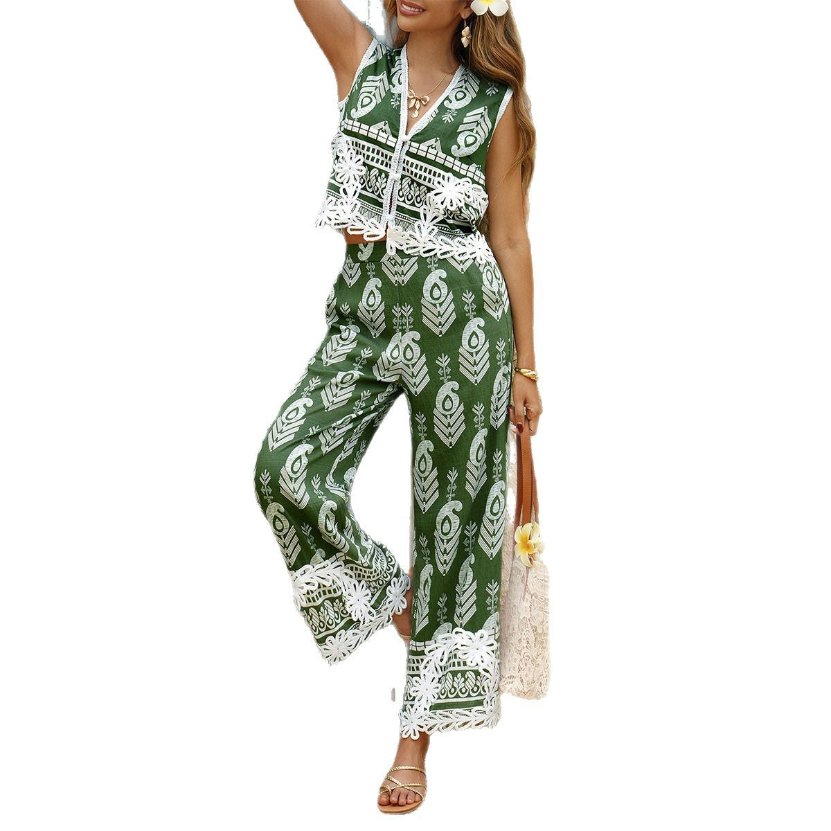 Women's Casual Vacation Style Bohemian Print Contrast Suits