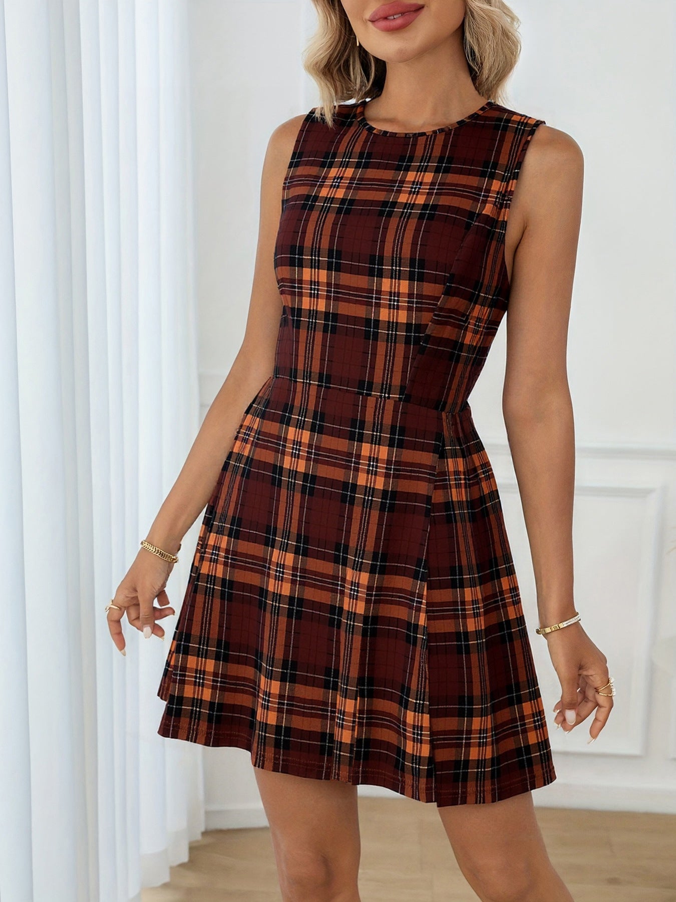Women's Wear Elegant Red Plaid Sleeveless Round Dress