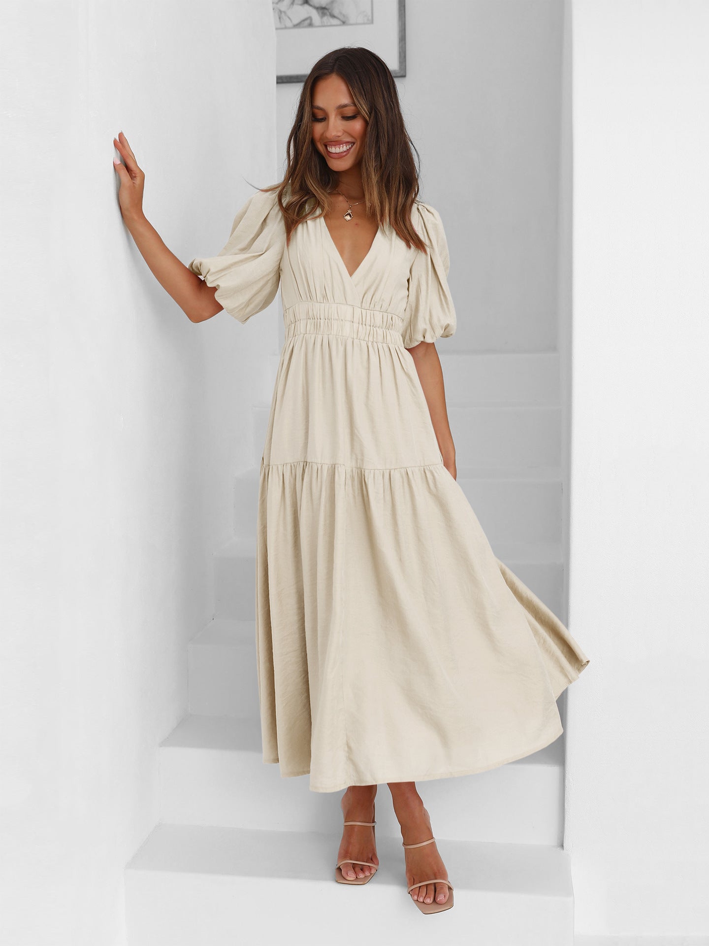 Women's Fashion Wear Summer High-grade Deep V Puff Sleeve Dress