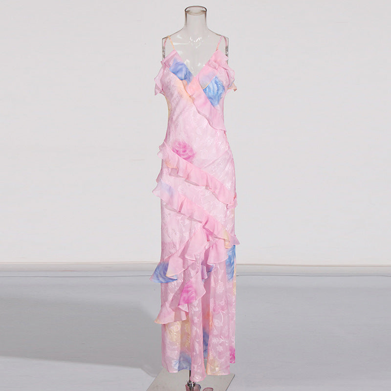 Women's Elegant Tea Break Summer Floral Print Backless Slim Fit Ruffled Dress