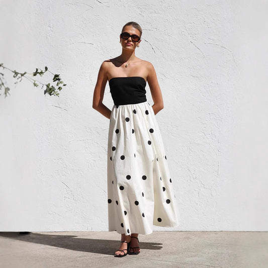 Polka Dot Print Stitching Wrapped Chest Dresses