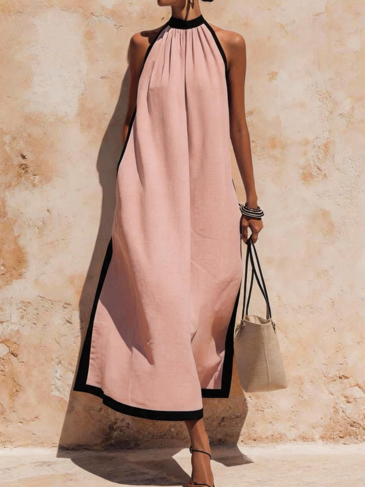 Women's Vacation Style Idle Travel Cotton Linen Contrast Dress