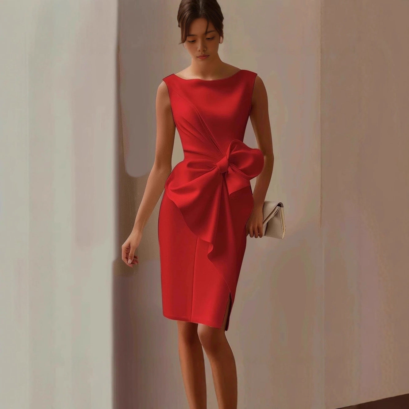Solid Color Mid-length Sleeveless High Waist Dress