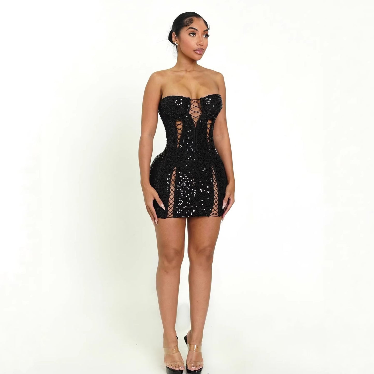 Stretch Hollow Out Strap Tube Package Hip Sequined Dress
