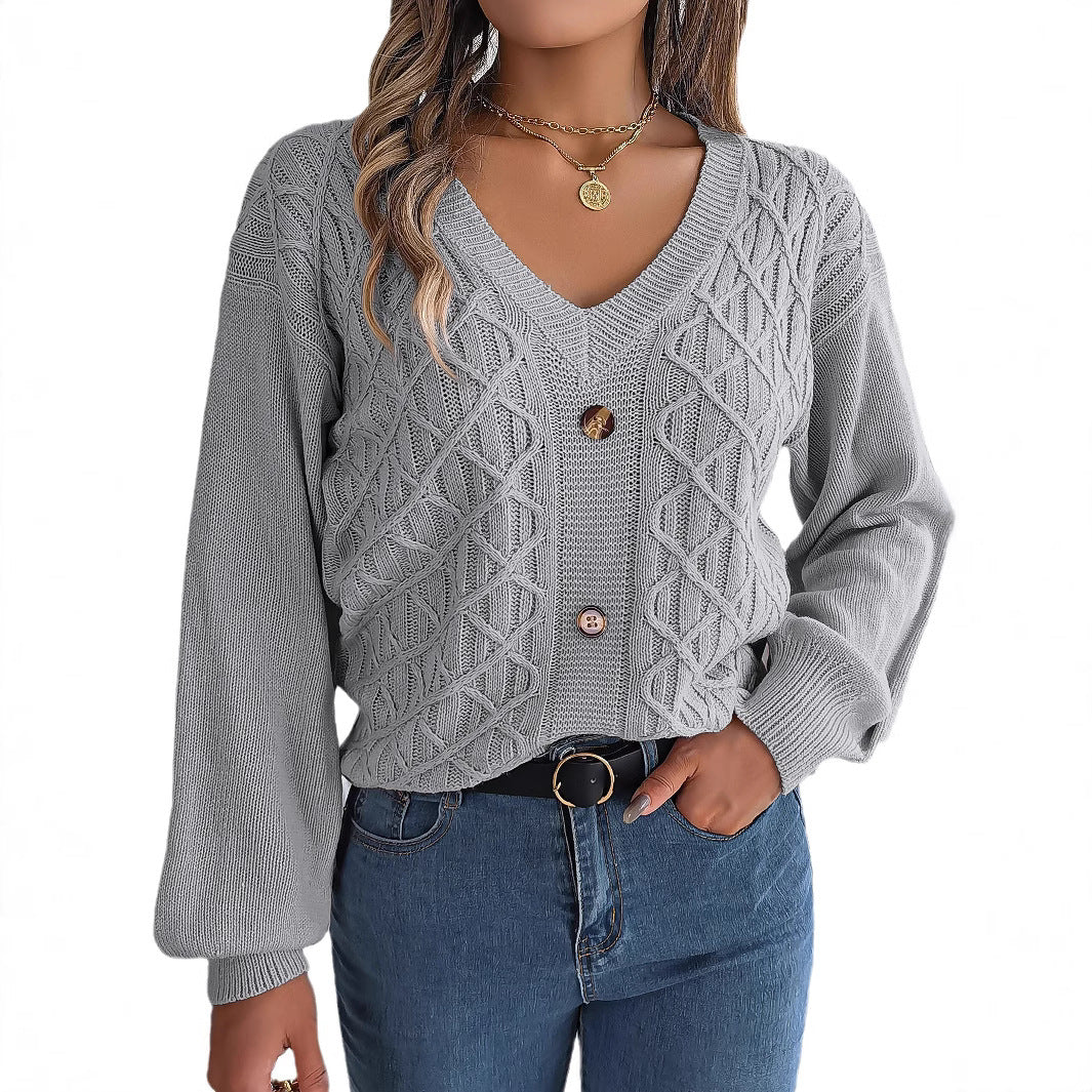 Women's Clearance Style Casual Button Twist Lantern Sleeve Sweaters